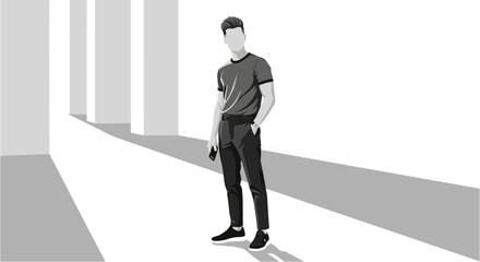 Fototapeta premium Minimalist flat vector illustration of a man walking in a monochrome environment with long shadows, modern abstract style ideal for lifestyle, solitude, urban, and creative concepts.