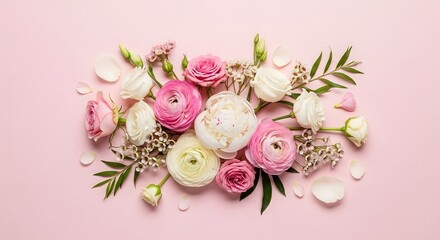 Beautiful bouquet of pink and white ranunculus and roses on a soft pink background.