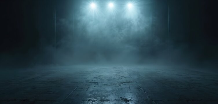 Dark concrete stage with spotlights and smoke. Empty indoor scene creates mysterious atmosphere for product launch or event intro. Perfect backdrop for reveal.