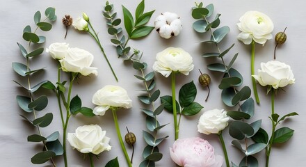 Elegant arrangement of white roses, ranunculus, eucalyptus, and cotton on a light gray surface.