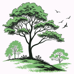 Obraz premium Lush green forest with towering tree and birds