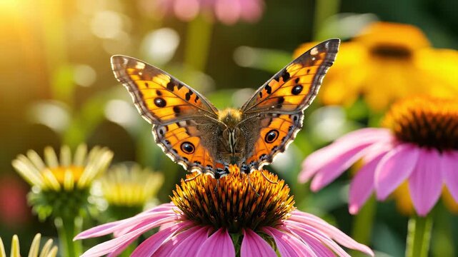 Close-up of a Painted Lady butterfly on a purple coneflower in the sun
