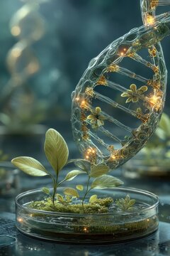 Futuristic DNA double helix assembling above a glass petri dish with growing plants and glowing lights