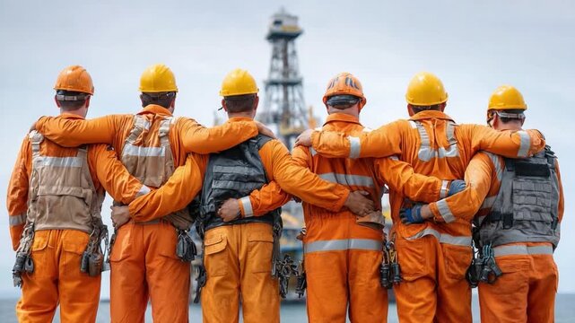 Team of Engineers: Group of engineers stands united, arms interlocked, in front of a construction site. It's a display of camaraderie and collaboration. 