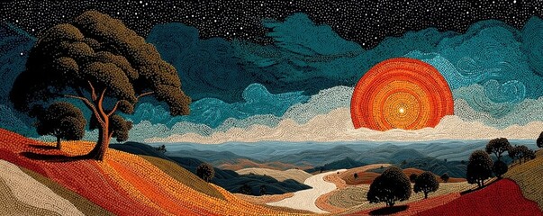Fototapeta premium Vibrant landscape of rolling hills, trees, and a bold sunset under a starry night sky