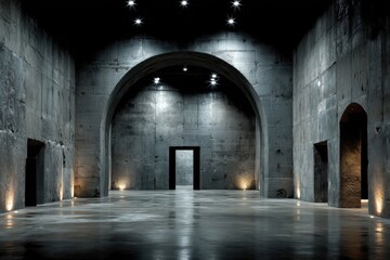 Fototapeta premium Dark empty concrete hall with archway and subtle uplighting in a large industrial space