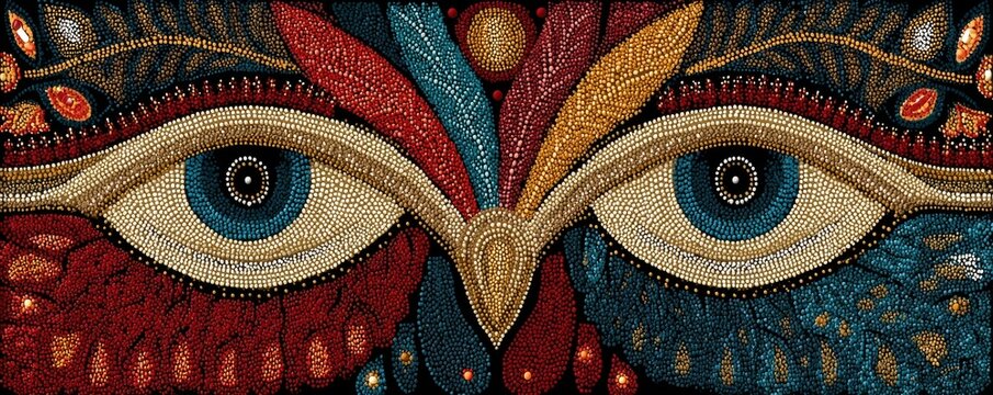 Vivid Aboriginal dot painting pattern with symmetrical eye motif and vibrant dotwork design