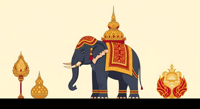 Decorated Elephant with Ornate Howdah and Decorations.