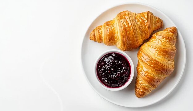Fresh golden croissants on white ceramic plate with small bowl of dark red berry jam, top-down flat lay view, clean white background, minimalist composition with copy space