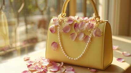 Luxury handbag with pearls and rose petals a stylish fashion accessory for women and girls on display