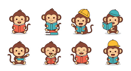 Fototapeta premium Cute Monkey Studying Vector Set