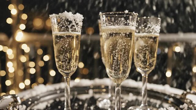 Three flutes of sparkling wine served outdoors in falling snow on a decorative silver tray