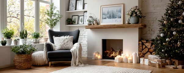 Obraz premium Cozy Christmas living room with fireplace, tree, and candles, a warm home decor scene