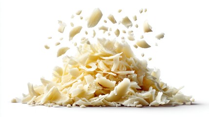 Obraz premium Pile of white chocolate shavings falling and scattered on a white background