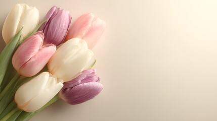 Bouquet of pink, purple, and white tulips arranged on a soft beige background, showcasing delicate petals and green leaves, perfect for floral design or decoration © Bonnie