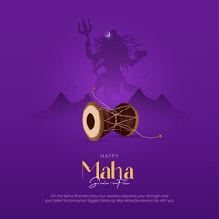 Happy Maha Shivratri Post and Wishes. Hindu Festival Maha Shivratri Banner and Background with Text and Damru Vector Illustration