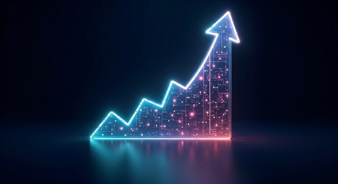 Illuminated digital arrow ascending through a celestial night sky