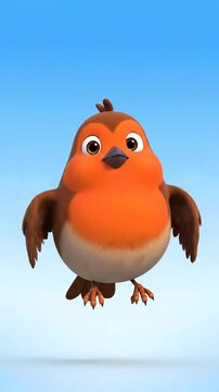 Cartoon robin bird with orange breast in bright daylight blue sky