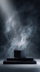 Black 3D podium with smoke background for product presentation