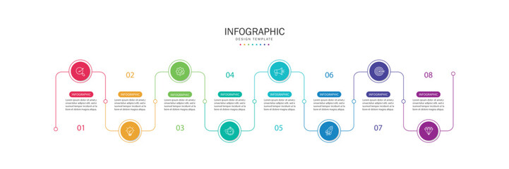 Fototapeta premium Business infographic template. 8 Step timeline journey. Process diagram, Infographic elements vector illustration. 