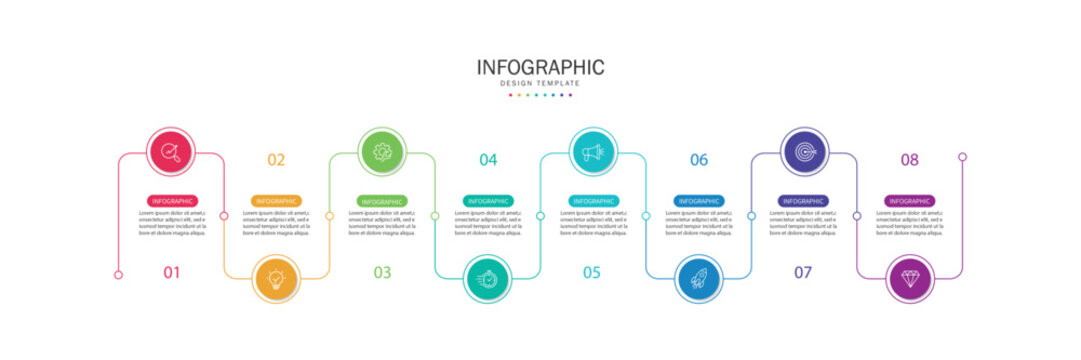 Business infographic template. 8 Step timeline journey. Process diagram, Infographic elements vector illustration.	