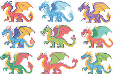 Obraz premium Pixel Art Fantasy Dragons Colorful and Diverse Collection