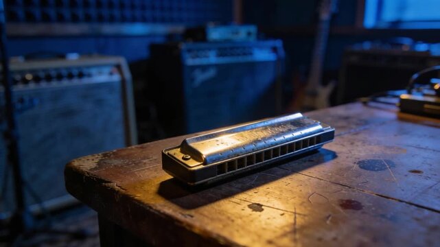  metal harmonica resting on worn wooden surface inside blues music studio video