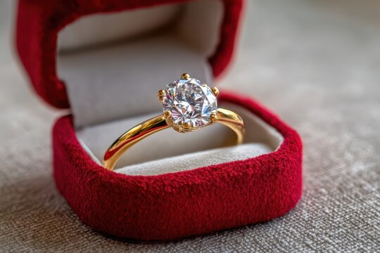 A dazzling gold engagement ring with a brilliant cut diamond presented in a luxurious red velvet box, symbolizing love, commitment, and a timeless promise.