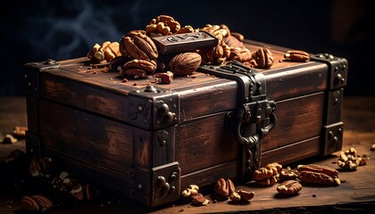 An old wooden chest is laden with a mix of walnuts and pecans on a dark wooden table, smoke drifting upward