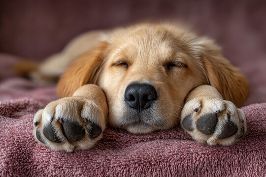 A golden retriever puppy is deeply asleep on a soft pink blanket.