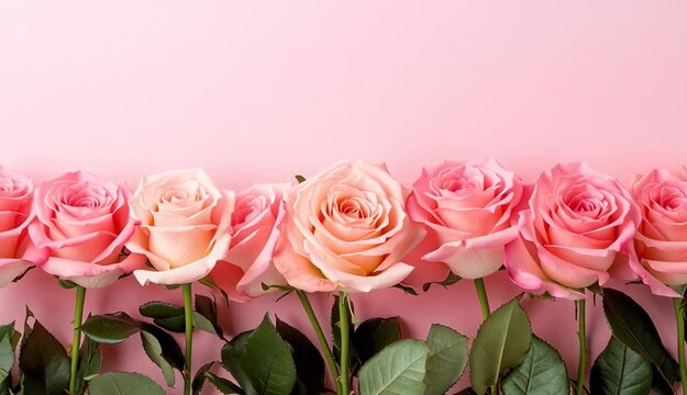 Row of soft pink roses arranged along bottom edge, pastel pink gradient background, green leaves visible, romantic floral border composition
