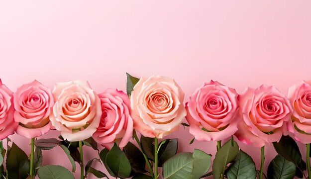 Row of soft pink roses arranged along bottom edge, pastel pink gradient background, green leaves visible, romantic floral border composition
