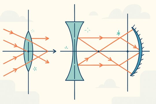 Diagram illustrating light rays passing through convex lens, concave lens, and mirror on minimal beige background for science learning concept. Ai generative