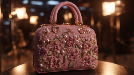 Elegant pink handbag with floral embroidery and pearl accents fashion accessory for stylish women