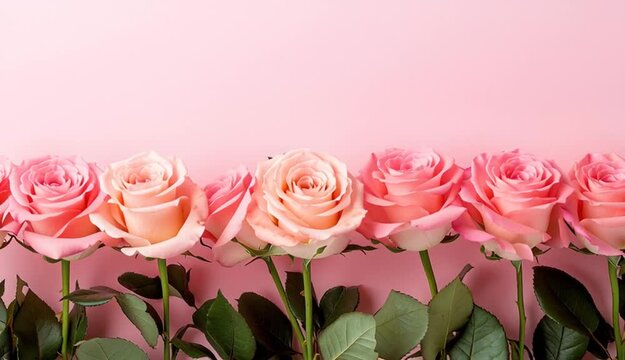 Row of soft pink roses arranged along bottom edge, pastel pink gradient background, green leaves visible, romantic floral border composition
