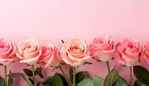 Row of soft pink roses arranged along bottom edge, pastel pink gradient background, green leaves visible, romantic floral border composition
