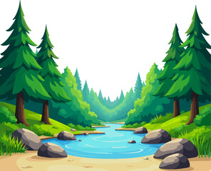 Stylized forest river landscape with flowing water, trees and rocks. Bright cartoon illustration suitable for backgrounds, games, apps and nature-themed designs.