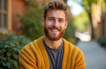 Obraz premium Young bearded man with red hair smiles happily outdoors wearing a yellow knit sweater and striped t-shirt. He has a confident look and stands in a blurred urban setting.