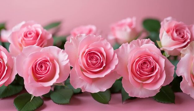 Row of soft pink roses arranged along bottom edge, pastel pink gradient background, green leaves visible, romantic floral border composition
