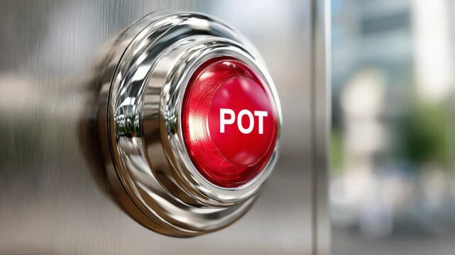 Pot Button of Decision: A close-up shot of a sleek, chrome button with a vibrant red center, emblazoned with the bold abbreviation 'POT'.