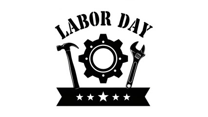 Labor day celebration emblem with tools and gear