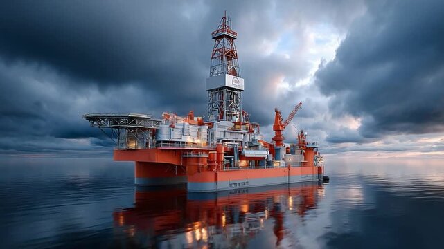 Offshore Oil Rig at Sea: This image captures a large offshore oil rig floating on the ocean, set against a dramatic sky.