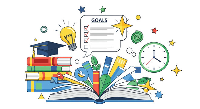 Educational concept featuring an open book graduation cap clock lightbulb and defined academic goals