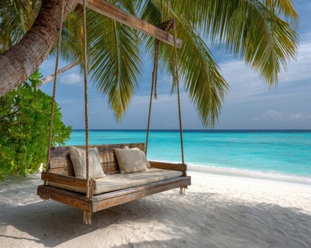 A luxurious wooden swing with cushions hangs beneath a palm tree on a pristine white sand beach.