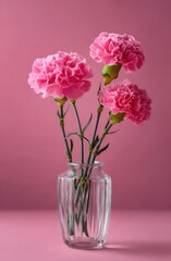 Obraz premium A minimalist still life featuring three vibrant pink carnations arranged in a clear, ribbed glass vase against a soft pink backdrop.