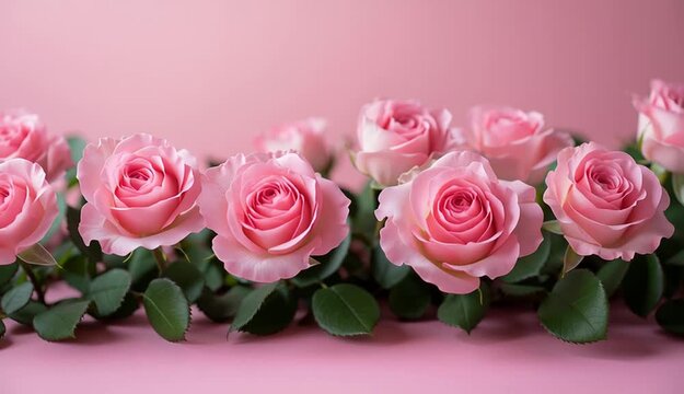 Row of soft pink roses arranged along bottom edge, pastel pink gradient background, green leaves visible, romantic floral border composition
