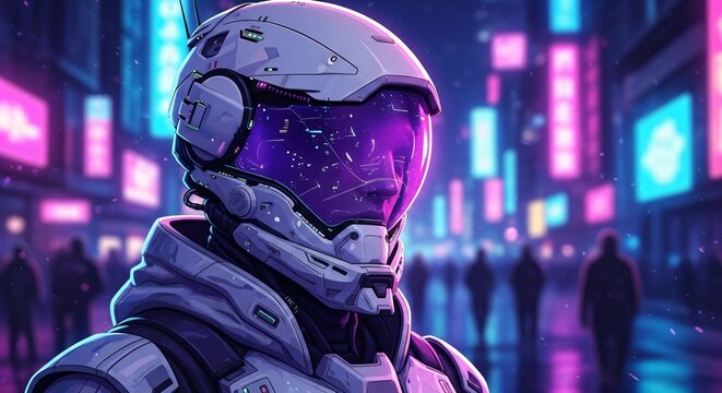 Future warrior in neon cityscape - Powered by Adobe