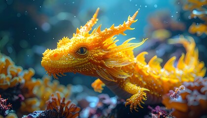 An orange dragon rests amongst colorful coral, in a whimsical underwater world lit by ethereal sunlight filtering through
