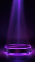 Futuristic purple neon podium on dark background with bright spotlights for product showcase