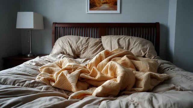 Unmade Bed in Bedroom: A cozy bedroom scene. A rumpled bed with soft bedding. a perfect ambiance of relaxation.